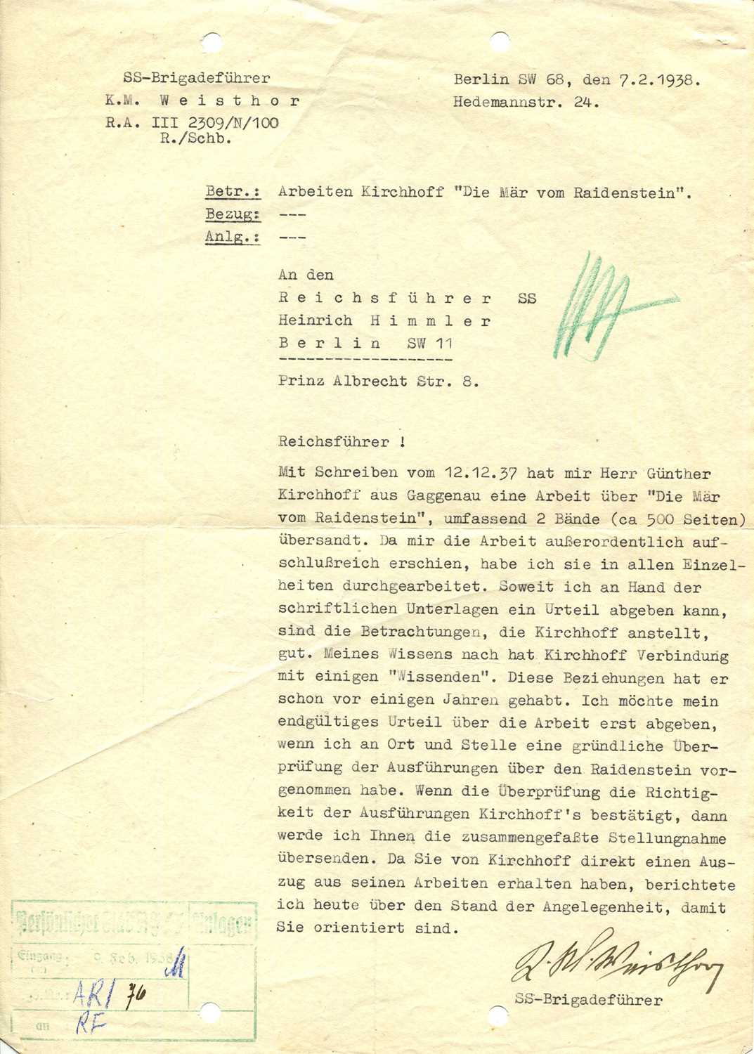 Lot 1353 - [NAZI OCCULT]: WILIGUT CARL MARIA: (1866-1946)