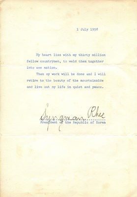 Lot 1236 - RHEE SYNGMAN: (1875-1965)