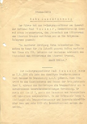 Lot 1038 - [HITLER ADOLF]: (1889-1945) [HAUSSER PAUL]: (1880-1972)