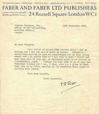 Lot 924 - ELIOT T. S.: (1888-1965)