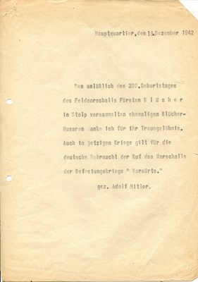 Lot 1037 - [HITLER ADOLF]: (1889-1945) [BLUCHER GEBHARD LEBERECHT VON]: (1742-1819)